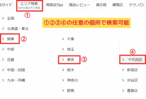 再販店で都道府県から市までの好きなところで検索するイメージ